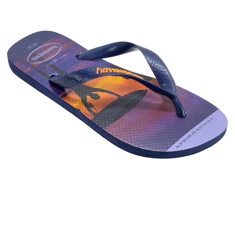 HAVAIANAS Men Surf Themed Flip Flops Navy Orange Rubber Beach Sandals Size 8US